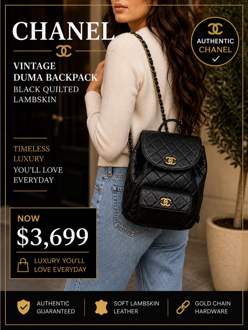 Chanel Vintage Duma Backpack Black Quilted Lambskin CC Gold Chain Bag